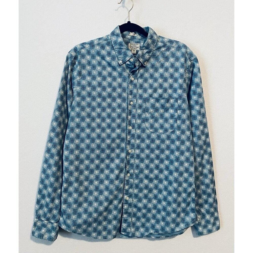 J Crew Shirt Mens Medium Blue Floral Secret Wash Shirting Organic Cotton Boho
